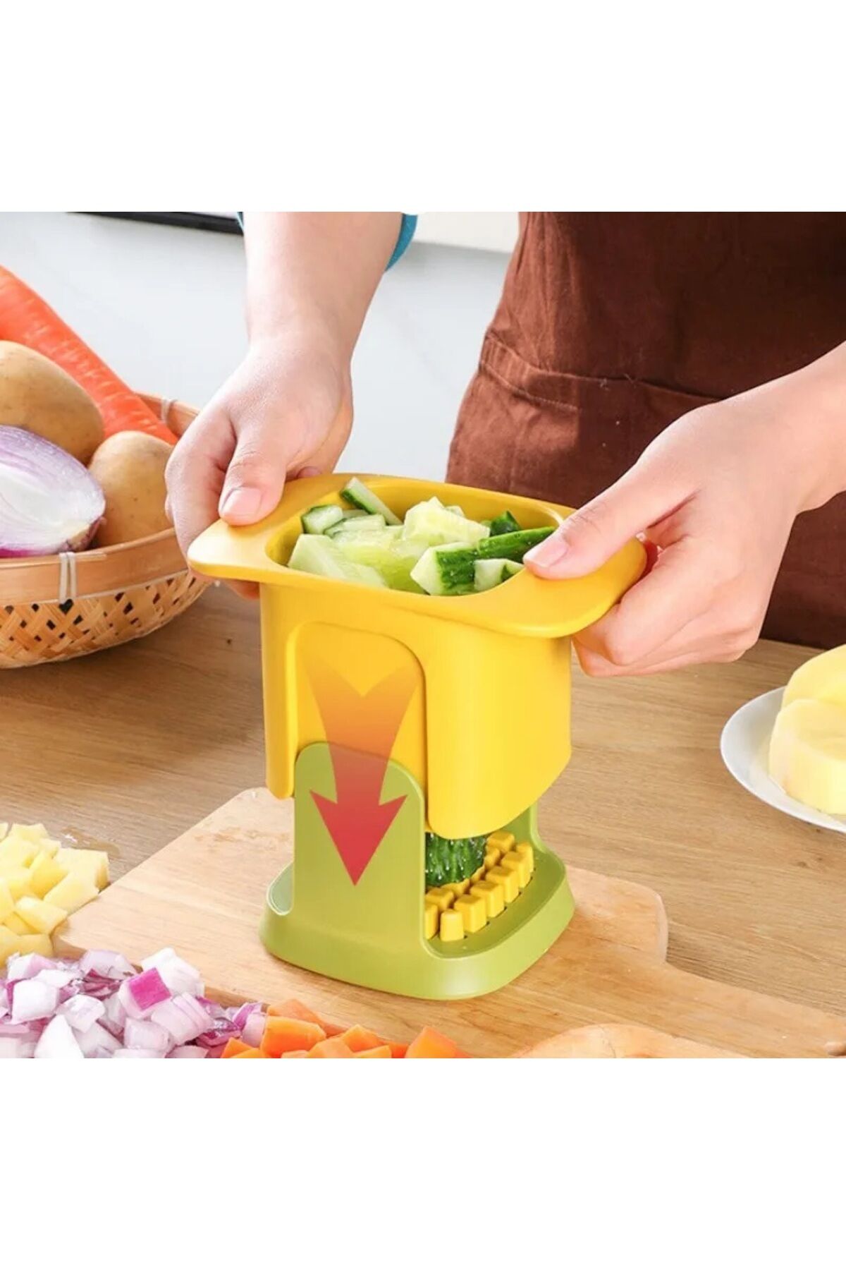 Mutfak Sebze Doğrayıcı ve Dilimleyici, Hazneli Hızlı Manuel Gıda Dilimleyici, Sarı ve Beyaz