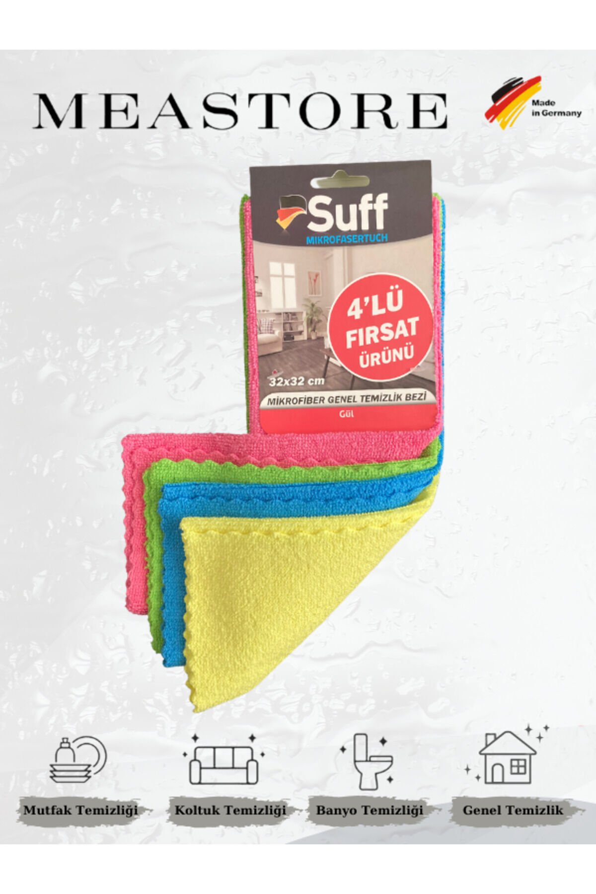 4'LÜ GÜL MİCROFİBER GENEL TEMİZLİK BEZİ | 32 x 32 cm | KOLAY SIKILIR | HIZLI KURUR